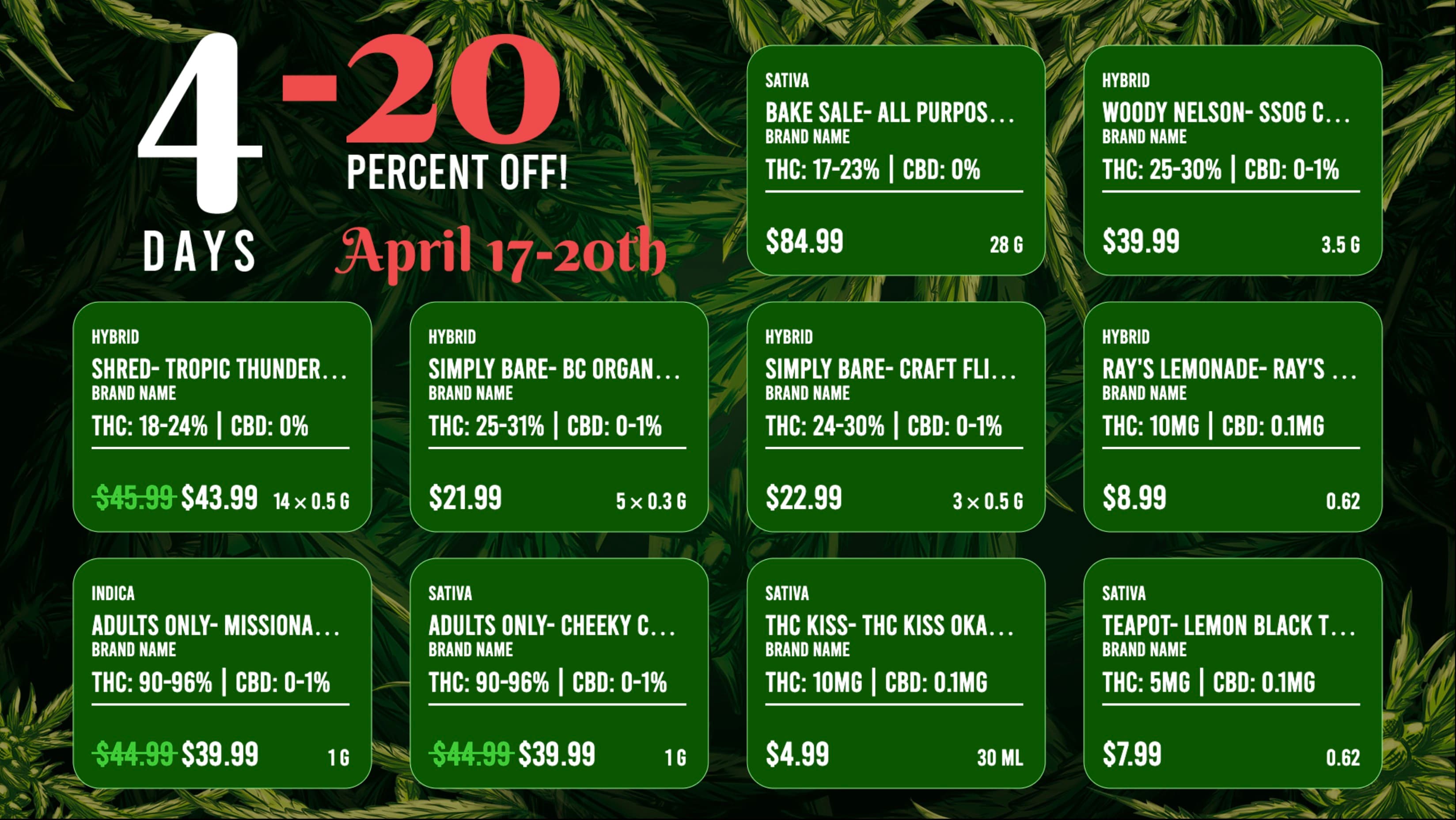 4/20 percentage off promotion template showing live sale pricing on dispensary menu boards