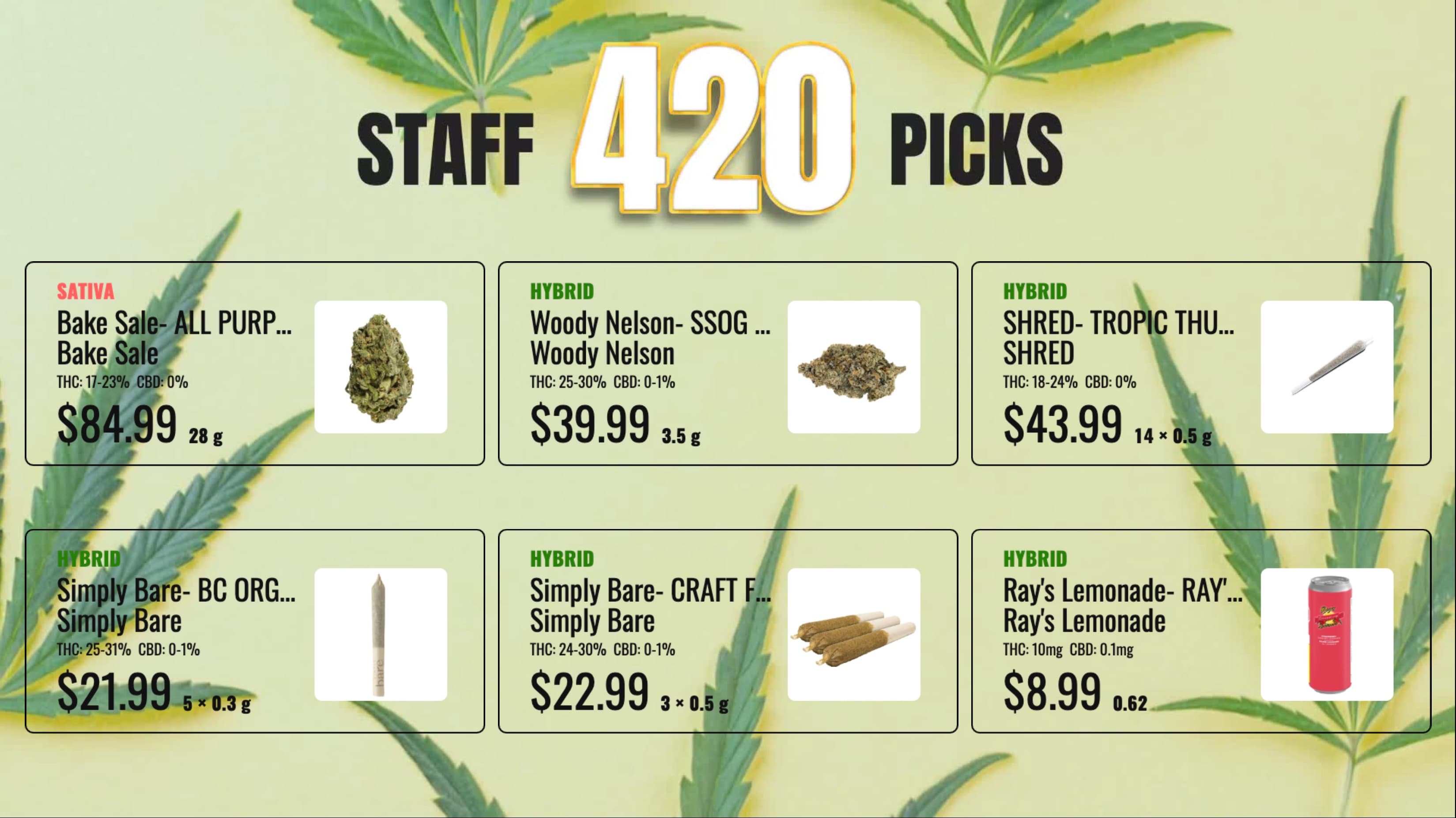 Staff 420 Picks template showing budtender-selected products with live inventory data on dispensary screens